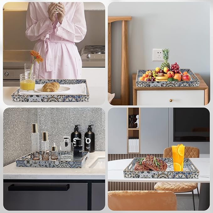 2 Pcs Serving Tray with Handles Bohemian Decorative Tray Large Ottoman Trays for Living Room Blue Coffee Table Trays for Breakfast