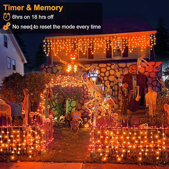Orange Halloween Lights Outdoor Indoor, 66ft Icicle Lights for Outside, 640 LED Twinkle String Lights with 120 Drops Clear Wire Short Curtain Lights for Room Home Wall Bedroom Decor
