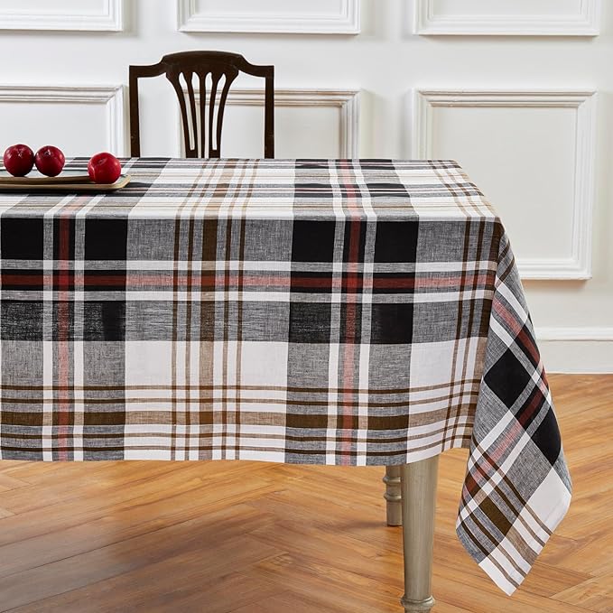 Solino Home Linen Plaid Tablecloth 60 x 108 Inch - 100% Pure Linen Black Oxford Plaid Table Cloth for Rectangle Tables - Machine Washable Tablecloth for Fall, Autumn, Halloween, Thanksgiving
