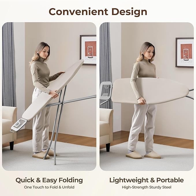Yaheetech Foldable Ironing Board, Heavy Duty Iron Board with 9 Adjustable Heights, 4 Layer Cover and Safety Iron Rest, 52X14 Compact and Space Save Iron Board for Home Laundry Room Use, Beige