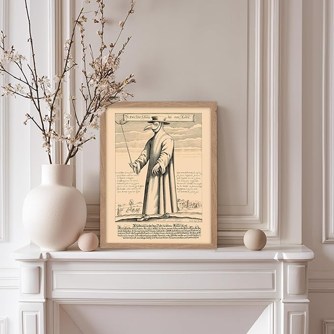 Poster Master Vintage Medieval Poster - Retro Illustration Print - Gift for Friend - Plague Doctor, Pandemic Mask, Physician, Black Death - Wall Decor for Home, Living Room, 11x14 Beige Framed