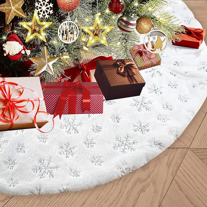 24inch White Christmas Tree Skirt Tree Carpet Blanket, Soft 2ft Xmas Christmas Tree Blanket with Silver Snowflake White Faux Fur Carpet for Christmas Holidays Decoration Party