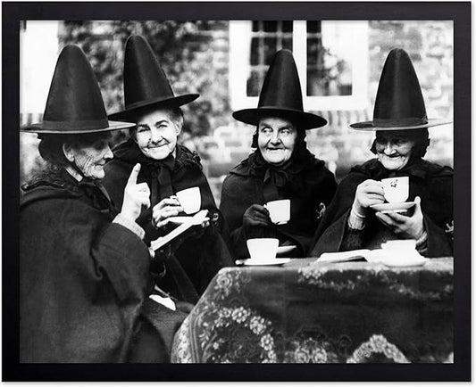 Poster Master Classic Photograph Poster - Vintage Halloween Print - Gift for Artist, Friend - Witches Tea Party, Old Women Smiling, Wearing Robes - Wall Decor for Living Room, 11x14 Black Framed