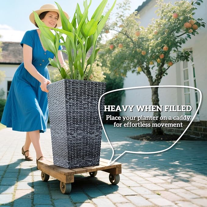 Outsunny Tall Planters for Outdoor Plants Set of 3, 24 in Taper Planters with Drainage Holes, Rattan Decor Plant Pots for Indoor Outdoor Front Porch Patio Backyard, Gray