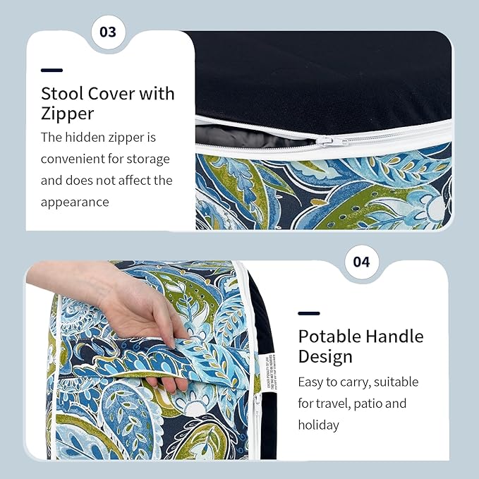 Inflatable Ottoman Stool D31 xH14 for Outdoor/Indoor Use, Water Repellent Patio Foot Rest with Portable Handle,Round Pouf Ottoman Suitable for Garden,Deck and Camping - Paisley Lapis Green