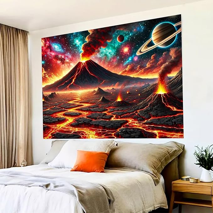 BlissYard Volcanic Planet Lava Landscape UV Black Light Tapestry 78x59 Inches Art Color Neon Light Background Bedroom Living Room Wall Party Decoration Outer Space Earthcore Molten Galaxy Decor