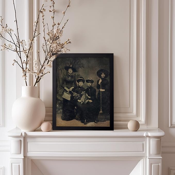 Poster Master Vintage Photograph Poster - Retro Halloween Print - Gift for Artist, Friend - Four Witches Wearing Robes, Sabbath, Coven, Sorcery - Wall Decor for Home, Office, 8x10 Black Framed
