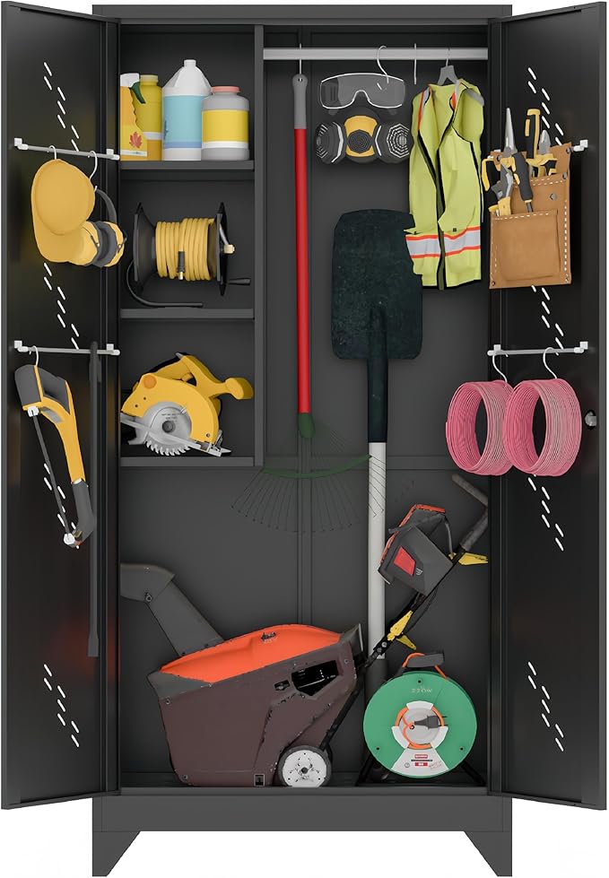 75" Metal Storage Cabinet, Tool Cabinets with Hooks, Garage Storage Cabinet with Lock, Heavy-Duty Tool Cabinet for Utility Room, Gym, Basement, Broom Closet Cabinet, Black