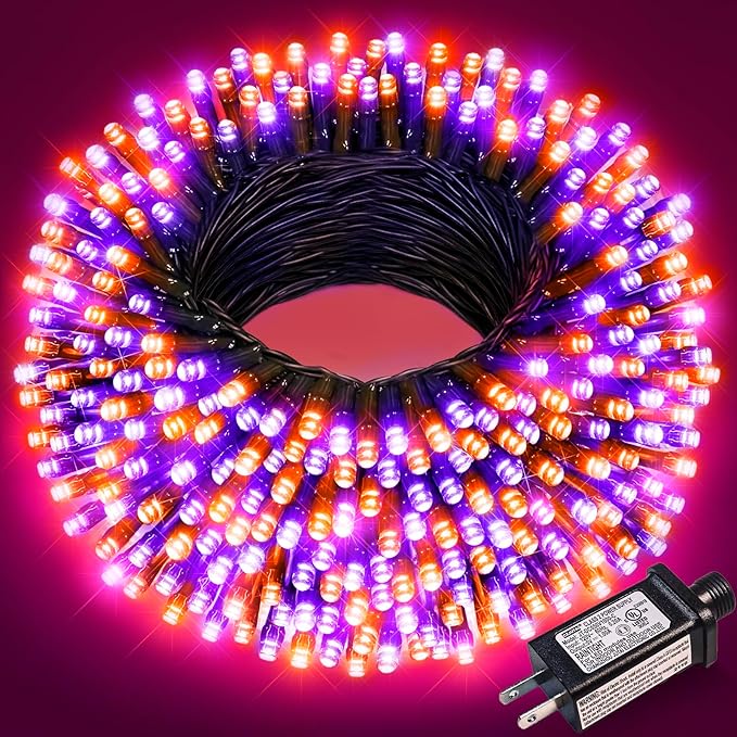 Purple Orange Halloween Lights Outdoor, 66FT 200 LED String Lights for Outside with 8 Modes Waterproof, Plug in Twinkle Tree Light Green Wire for Indoor Bedroom Garden Patio Party Decorations