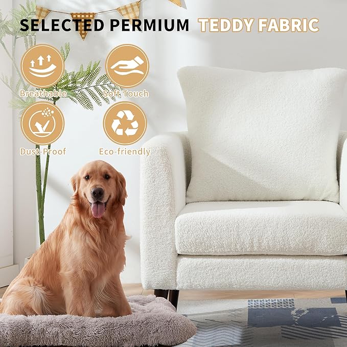 Barrel Accent Chair with Back Pillow, Large Teddy Upholstered Armchair with Solid Wood Legs Modern Reading Chairs for Living Room Bedroom