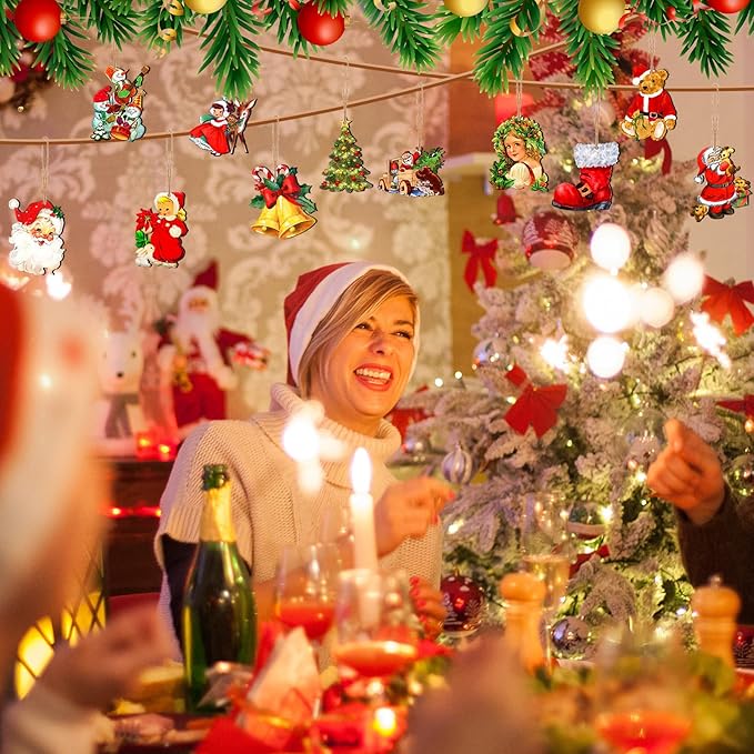 48 Pcs Victorian Style Wood Christmas Tree Ornaments - Hanging Vintage Decorations With Santa Claus and Snowman - Retro Wooden Ornament (Vivid Style)