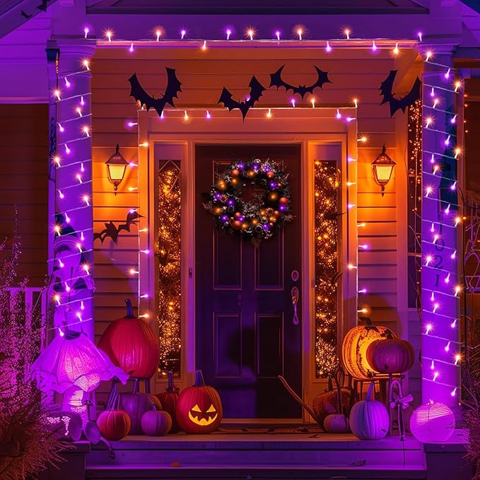 600 LED Halloween String Lights Outdoor, 197 FT Halloween Lights Outdoor Clear Wire with 8 Modes, Plug in Waterproof Christmas Light for Tree Party Christmas Thanksgiving Decorations, Purple&Orange