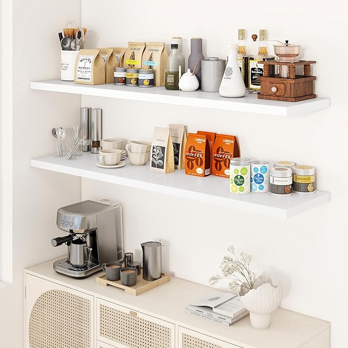 55" Floating Shelves for Wall, 12" Deep Slim White Floating Shelves, Wall-Mounted Shelves for Bedroom, Living Room, Kitchen, Bathroom - Set of 2