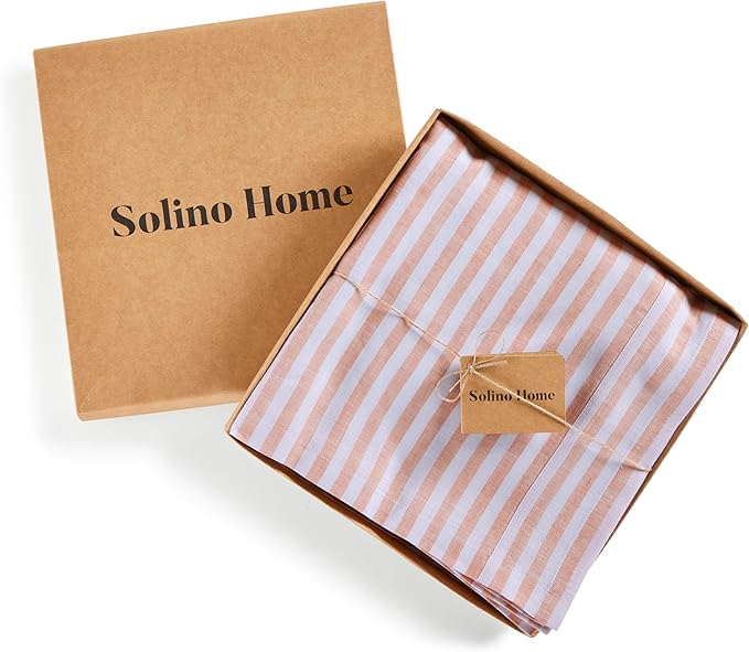 Solino Home Linen Striped Tablecloth 60 x 120 Inch - 100% Pure Linen Coral and White Table Cloth for Rectangle Tables - Amalfi Stripe, Machine Washable Tablecloth