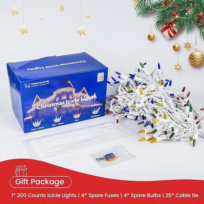 Icicle Christmas Lights Outdoor,23FT 200 Count Multicolor Icicle Lights Indoor with White Wire,Waterproof Connectable Icicle String Light for Holiday Home Garden Window Party Wedding Decor