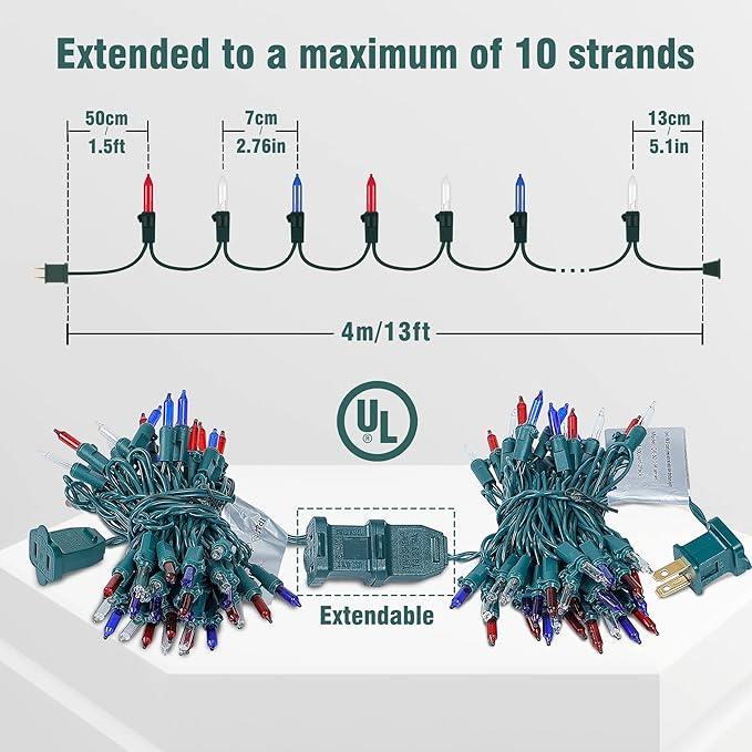 Hopolon Red White and Blue Mini Lights,2PACK 50Count 4th of July Patriotic String Lights Green Wire,13FT Incandescent Independence Day Light for Indoor Outdoor Christmas Party Decor,Red White Blue