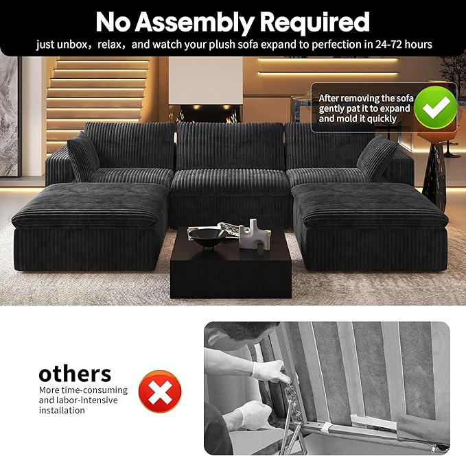 118" U Shaped Modern Sofa Modular Sectional Cloud Couch with 2 Ottoman,Upholstered Couches with Plush Corduroy Fabric for Living Room Furniture,Bedroom and Apartment,No Assembly Required,Black