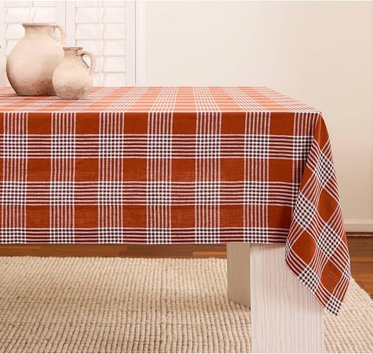 Solino Home Linen Tablecloth 60 x 144 Inch - 100% Pure Linen Glen Check Nutmeg Table Cloth for Rectangle Tables - Machine Washable Tablecloth for Fall, Autumn, Halloween, Thanksgiving