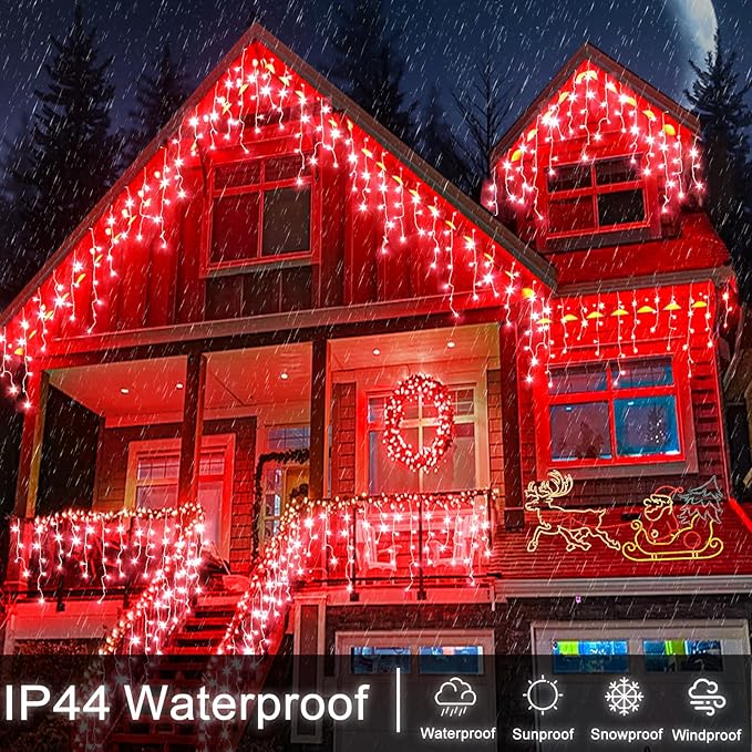 Icicle Lights for Outside, 33ft 400 LED Icicle Christmas Lights Outdoor with 75 Drops 8 Modes, Waterproof Red Christmas Light for House Plug in for Indoor Party Holiday Halloween Decorations