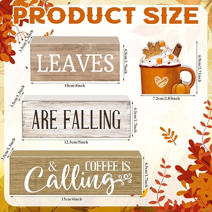 4 Pcs Fall Decorations for Home Thanksgiving Tiered Tray Decor Fall Tabletop Decor Thanksgiving Centerpiece Rustic Wood Hot Cocoa Cup Block Sign for Autumn Table Mantel Decorations