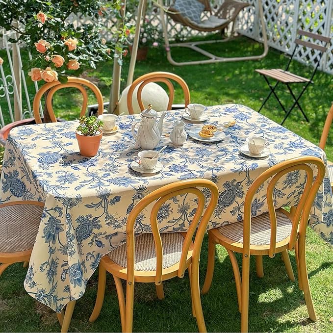Outdoor Rectangular Tablecloth 60 x 84 Inch, Blue Floral Waterproof Table Cloth, Thick Fabric Dining Table Cover for Outdoor, Easter, Picnic, Farmhouse, Wedding, Spring Summer - Blue Flower