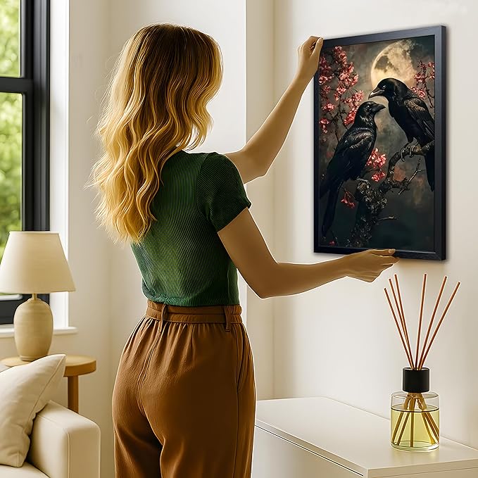 Black Wood Framed Halloween Canvas Wall Art Painting, Vintage Black Crow Cherry Blossom Wall Decor Picture, Dark Academia Gothic Poster Print Photo for Living Room Bedroom Office Decor 16x24 Inch