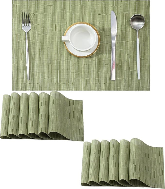 Leetaltree Pea Green Placemats Set of 12 - Heat Resistant Non-Slip Place mats for Dining Table, Washable Durable PVC Vinyl Woven Table Mats（Pea Green, 12）