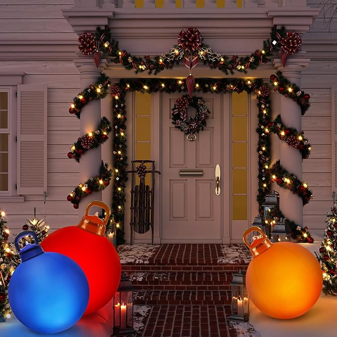 Jetec 3 Pcs Outdoor Light Up Christmas Ball Decorations Large Christmas Inflatable PVC Decorated Balls with Light 24 Inch,18 Inch Xmas Ornaments for Yard Lawn Porch (Red, Gold, Silver)