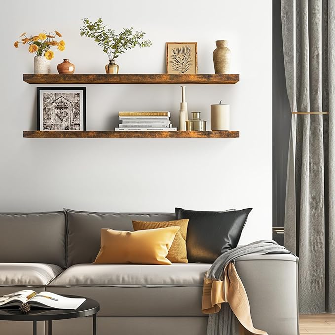 BAYKA Floating Shelves, 48 inches Long Wall Mounted Rustic Wood Shelves for Bathroom, Bedroom, Living Room, Kitchen, Office, Hanging Shelf for Books/Storage/Decor(Rustic Brown,Set of 2)