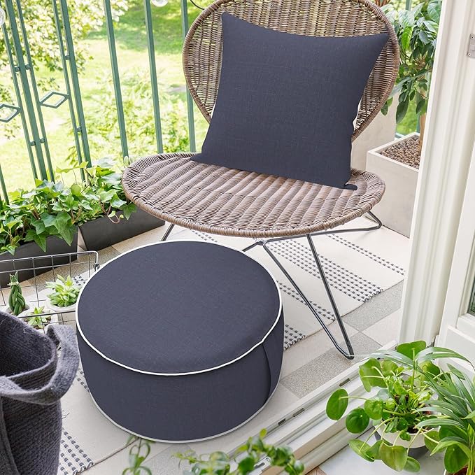 Inflatable Ottoman Stool D21 xH9 for Outdoor/Indoor Use, Water Repellent Patio Foot Rest Stool with Portable Handle,Round Pouf Ottoman Suitable for Garden,Deck and Camping - Textured Navy