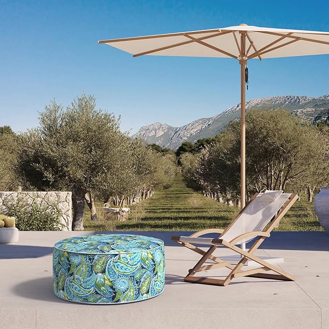 Inflatable Ottoman Stool D31 xH14 for Outdoor/Indoor Use, Water Repellent Patio Foot Rest with Portable Handle,Round Pouf Ottoman Suitable for Garden,Deck and Camping - Paisley Lapis Green