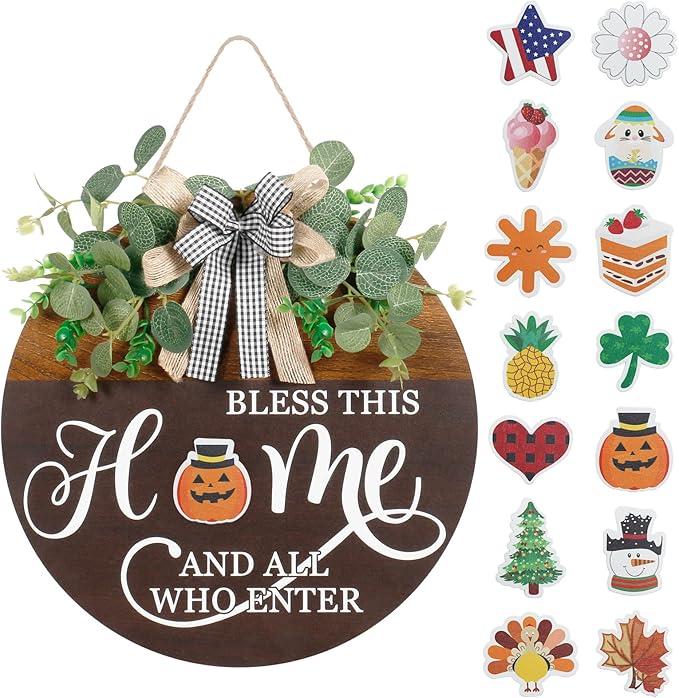 Interchangeable Seasonal Welcome Sign for Front Door, Rustic Round Wood Wreath Wall Hanging Decorations, for Spring Summer Fall Winter All Holiday Halloween Christmas Farmhouse Outdoor Home Decor