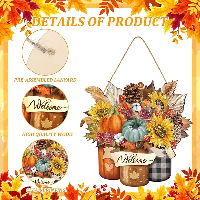 Boao Welcome Fall Door Decorations Thanksgiving Sign Hanging Decoration Wall Hanger Masquerade Carnival Wreath for Outdoor Farmhouse Porch Front Door Decor