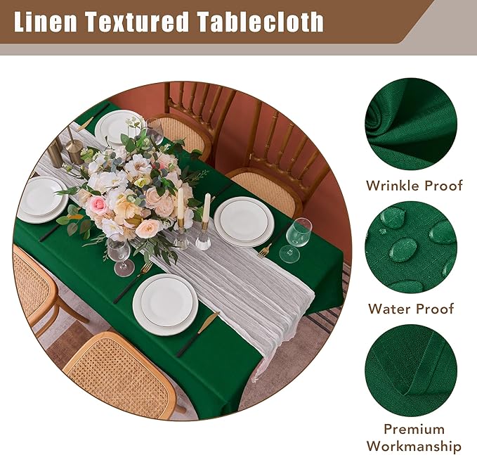 Fitable 2 Pack Faux Linen Christmas Tablecloths, Burlap Textured Table Cloth Rectangle, Decorative Table Covers for Winter Holiday Kitchen Dining Party Farmhouse (Hunter Green, 60 x 120 Inch)