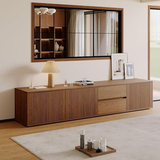 79" Mid-Century Modern TV Stand for Living Room, Farmhouse Entertainment Center with Storage & Drawers, Fluted Design Wood TV Console for Home Theater Office