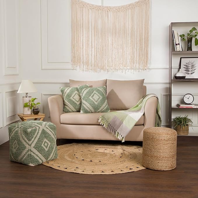 REDEARTH · Cylindrical Pouf Ottoman - Braided Pouffe Accent Sitting Round Footrest for Living Room, Bedroom, Nursery, kidsroom, Patio, Gym; 100% Jute Set of 2 (14.5"X14.5"X16"; Natural)