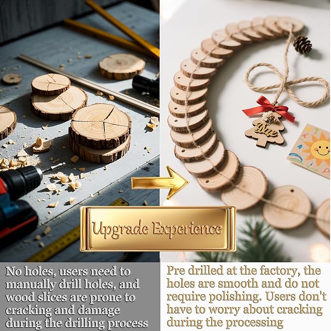20PCS Pre-Drilled Wood Slices with Holes, 3.2-4 Inch Natural Pine Discs & 8M Hemp Rope, Sanded Smooth DIY Crafts Kit for Christmas Ornaments, Rustic Wedding Decor, Kids Art (20pcs)