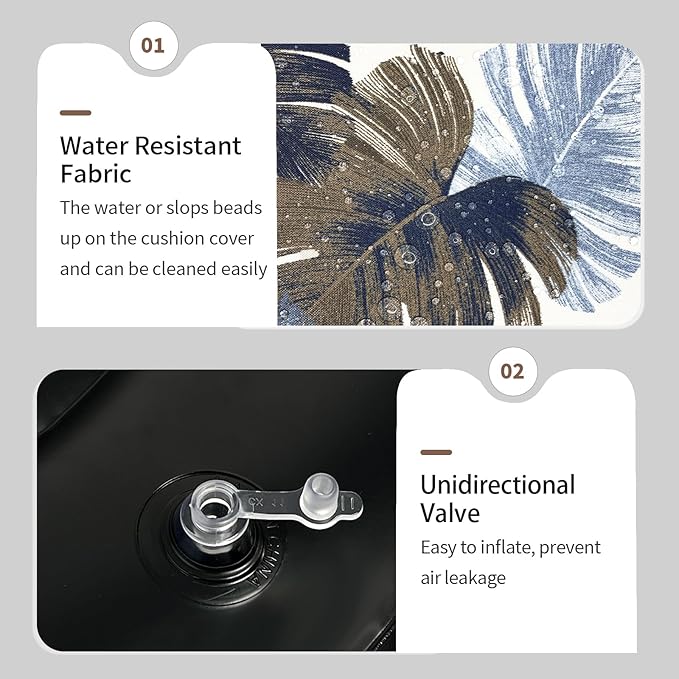 Inflatable Ottoman Stool D21 xH9 for Outdoor/Indoor Use, Water Repellent Patio Foot Rest Stool with Portable Handle,Round Pouf Ottoman Suitable for Garden,Deck and Camping - Monstera Blue