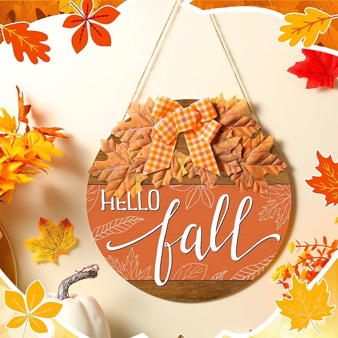 Hello Fall Sign for Front Door Autumn Wooden Hanging Door Hanger Sign Fall Welcome Wreaths with Bow Maple Leaf Farmhouse Wall Decoration for Home Thanksgiving Harvest Front Porch Decor