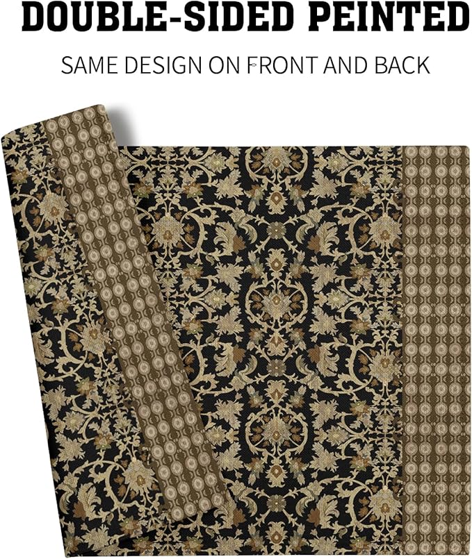Brown Antique Placemats Set of 4 Vintage Floral Block Print Washable Non-Slip Heat Resistant Place Mats 12x18 Inch Retro Turkish Linen Table Mats for Kitchen Dining Party Decor