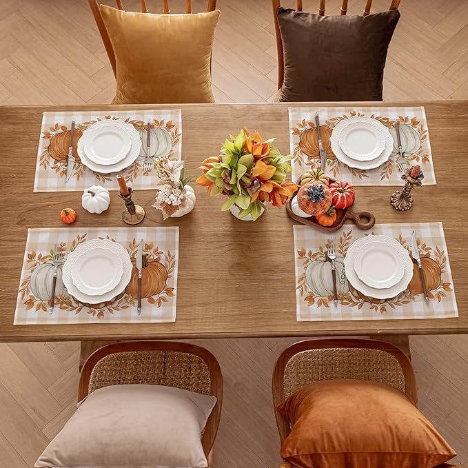 Romanstile Fall Placemats Set of 8-12 X 18 Inch - Thanksgiving Autumn Harvest Pumpkin Buffalo Plaid Place Mats, Stain Resistant Wipeable Table Mats for Party/Dining/Holiday- Orange Checkered