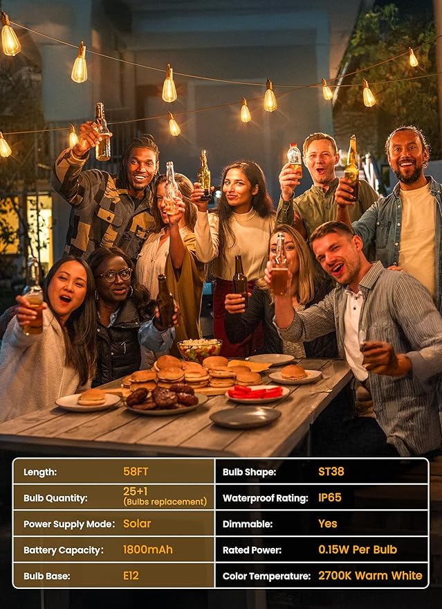 Brightown Outdoor Solar String Lights Waterproof 58FT with 25 Shatterproof ST38 LED Bulbs, 2700K Solar Lights Outdoor with Remote, Solar String Lights for Outside, Camping, Yard, Party Decor