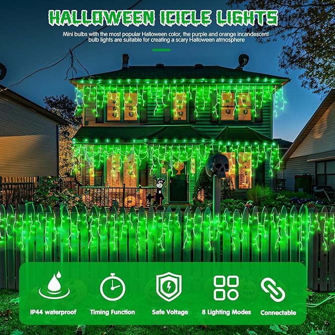 JMEXSUSS 400 LED 38.8F Green Icicle Lights for Halloween Decorations, Green Halloween Lights Indoor Outdoor, String Icicle Light for House Fireplace Party Yard Decoration