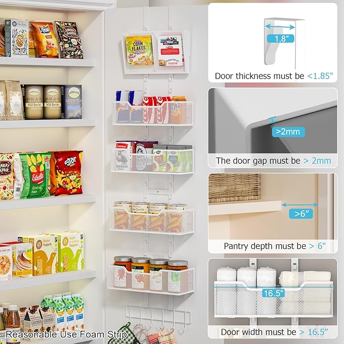 Adjustable Over The Door Organizer, Hanging Door Storage with PVC Pocket and 4 Metal Baskets Wall Mount, Closet Door Organizer Behind Door Rack for Bathroom Bedroom Closet, White