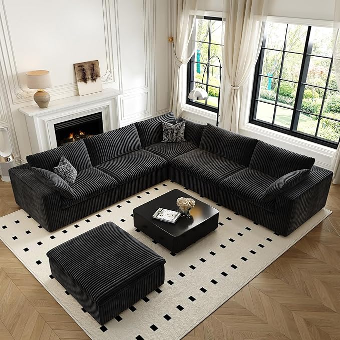 118" Cloud Couch Oversized Modular Sectional Sofa for Living Room,Modern Sofa with Deep Seat，6 Seater Boneless Couch,Comfy Upholstered Corduroy Couches for Apartment, Studio, Office,Bedroom，Black