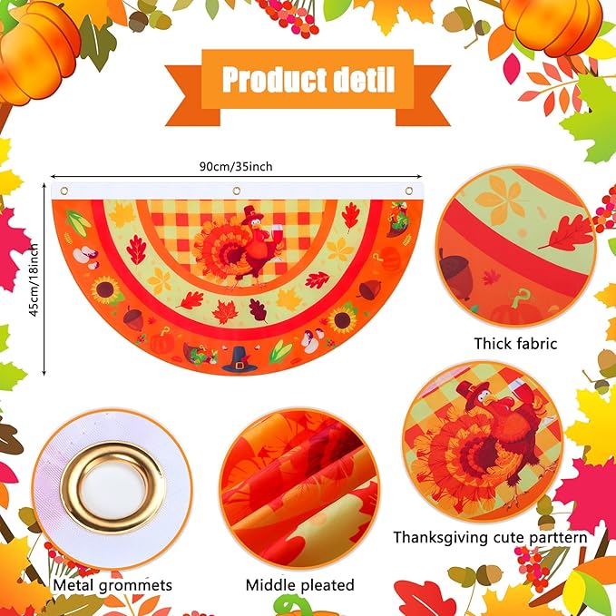 Breling 4 Pcs 1.5 x 3 Feet Fall Bunting Outdoor Flag for Outside Thanksgiving Pleated Fan Flag Pumpkin Turkey Yard Fall Hanging Banner Flag with Canvas Header and Metal Grommet for Holiday Decor