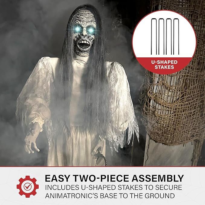 Haunted Hill Farm Lifesize Scary Haunted Woman Halloween Prop with Touch Activated Lights and Sound, Battery-Operated Indoor or Covered Outdoor Halloween Decoration