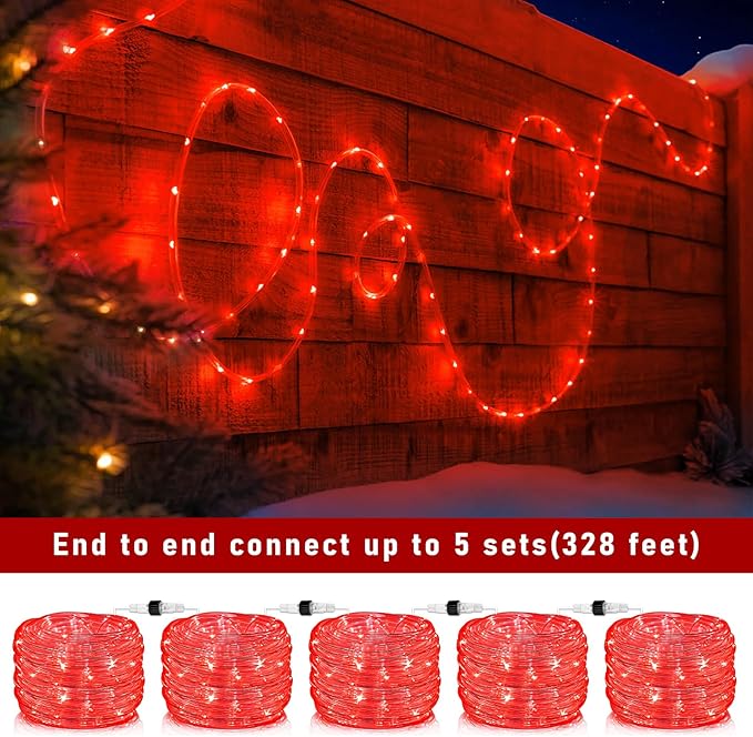 Rope Lights Outdoor, 66FT 200 LED Rope Lights for Indoor with Waterproof 8 Modes, Connectable Clear Tube Lights for Outside, Garden, Backyard, Patio, Deck, Pool, Tree Decorations - Red