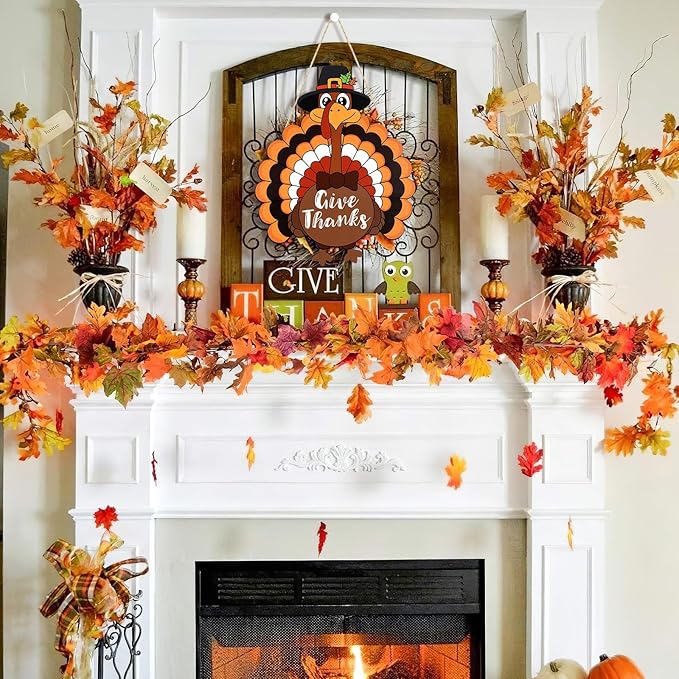 Thanksgiving Decoration Wooden Turkey Pumpkin Door Wreath for Front Door Sign Wall Signs, Thankful Blessed Grateful Pumpkin Sign Hanging for Fall Autumn Harvest Home Halloween Decoration