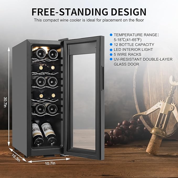 Wine Cooler Refrigerator 12 Bottles, Small Wine Fridge Mini Wine Fridge Countertop with Glass Door Wine Cellars for Red Wine, Champagne, Dry White Wine, Sparkling Wines